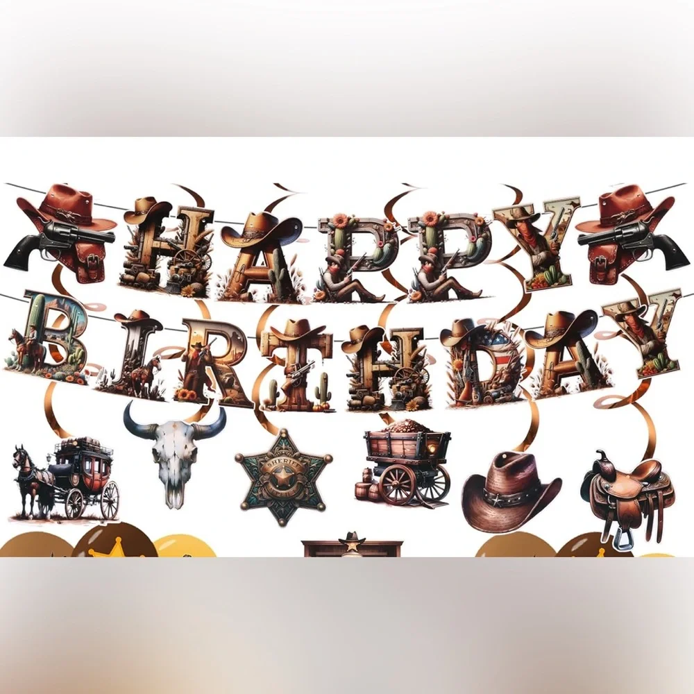 Western Happy Birthday Cowboy Party- Include ,2 Banners 6 Hanging Swirls,